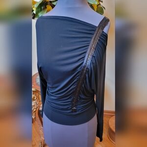 BLU In Firenze Black Silky Evening Stretch Blouse Crystals One Shoulder Strap M